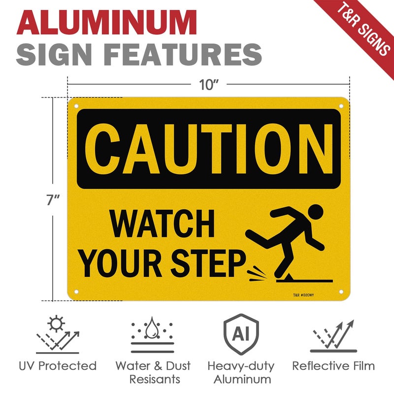 TR Caution Watch Your Step Signs - 4 Pack - 10 x 7 Inches Rust Free .040 Aluminum -Reflective, UV Protected, Waterproof, Weatherproof and Fade Resistant - 4 Pre-drilled Holes - Image 2